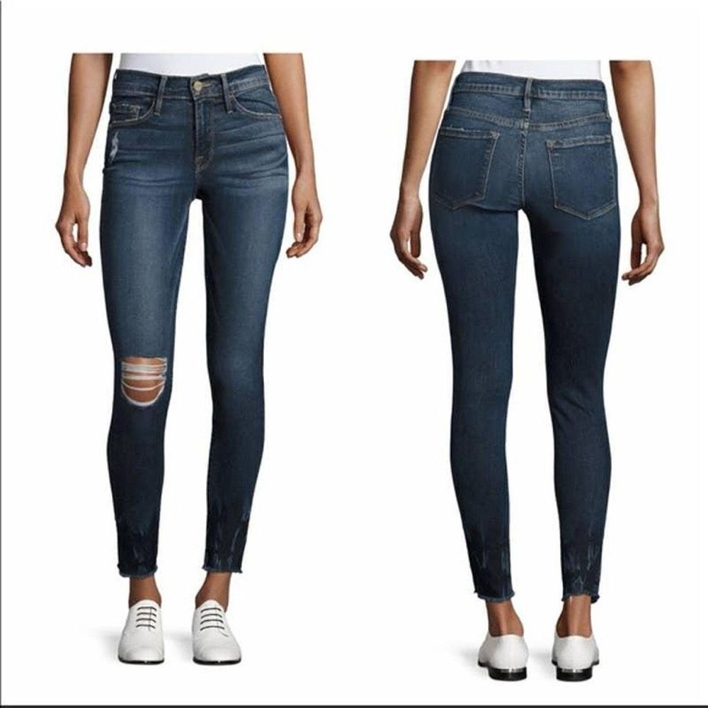 Frame Denim Le Skinny de Jeanne Crop Raw-Edge Jean Busted Knee Faded Thorpe Sz 2 - Picture 1 of 12